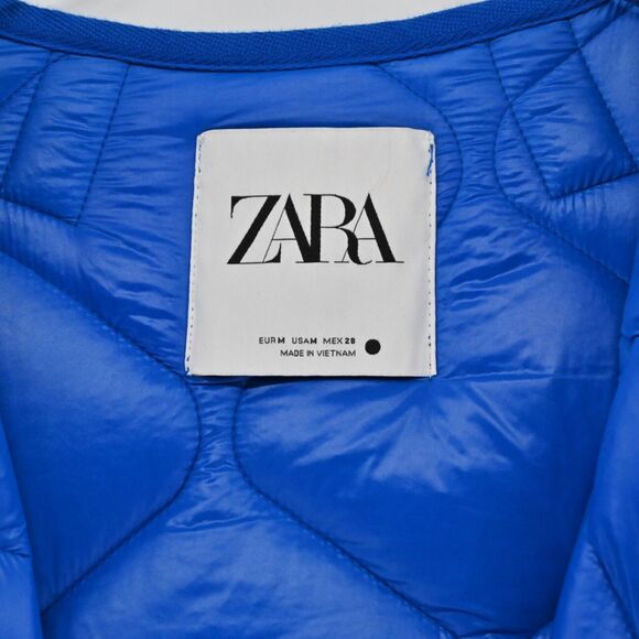 ZARA Jacket Womens Size M Cobalt Blue Quilted Oversized Collarless Utility Retro - Picture 8 of 13